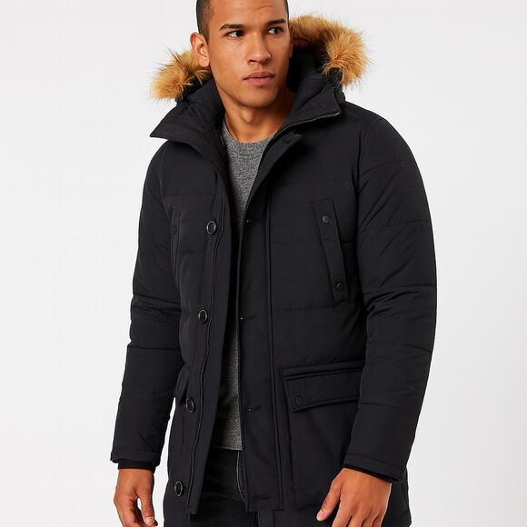 Express Nylon Hooded Parka Coat Black - Picture 1 of 8